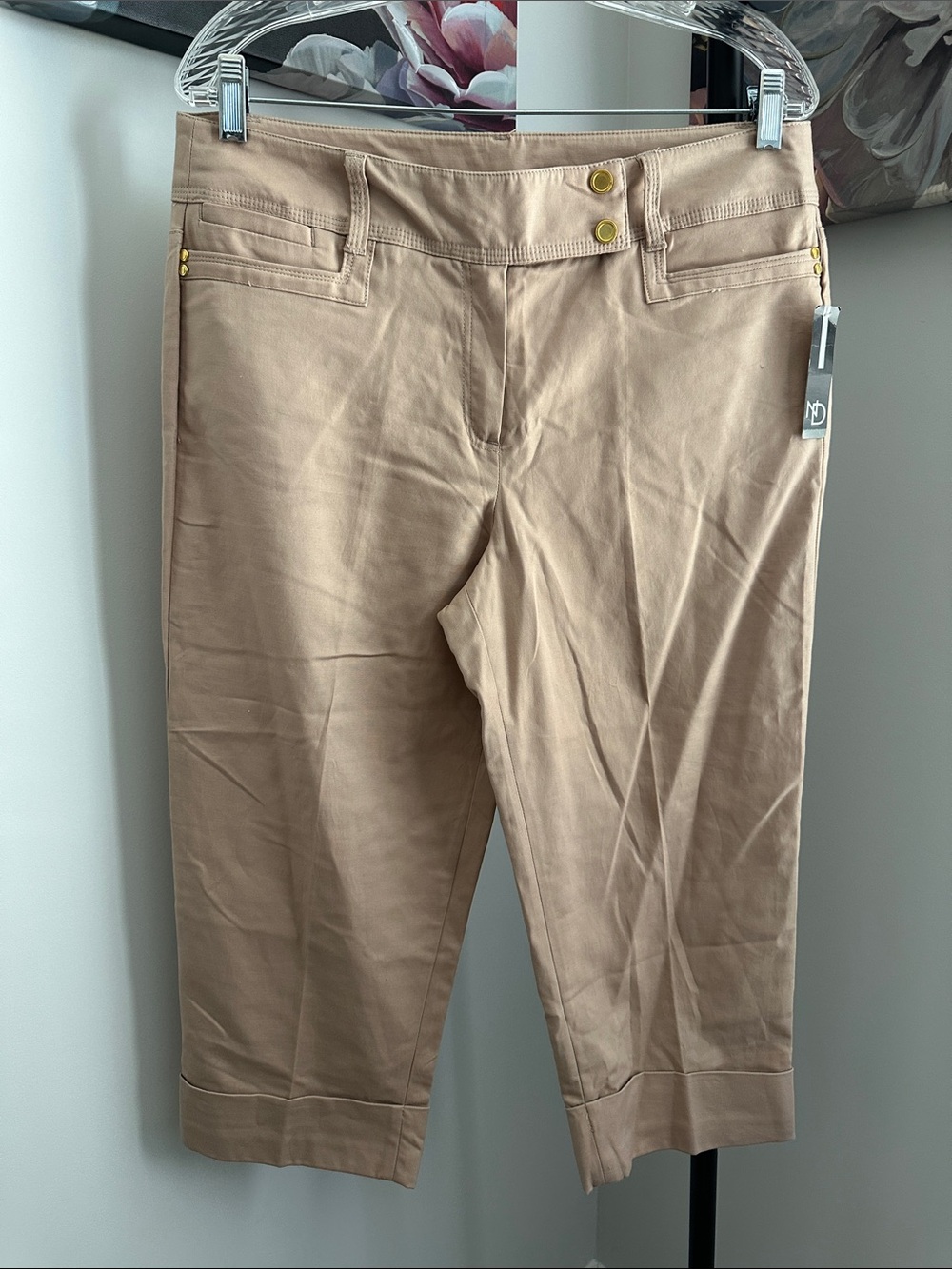 new directions Tan Capris with Gold Button Accents